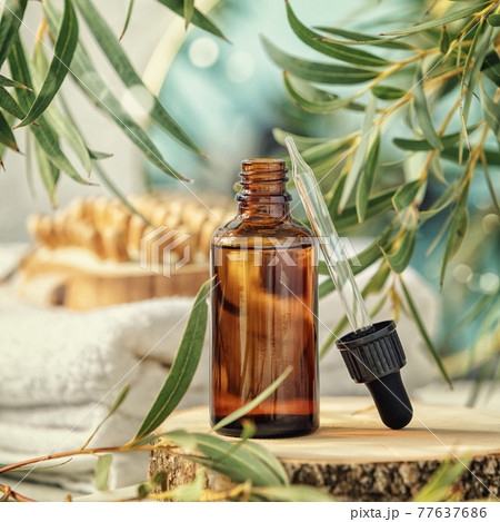 Amber glass bottle with wooden massage brush, eucalyptus leaves, mirror and towels Amber glass bottle with wooden massage brush, eucalyptus leaves, mirror and towels 77637686