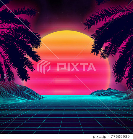3d Sunset On The Beach Retro Palms Vector Sci のイラスト素材