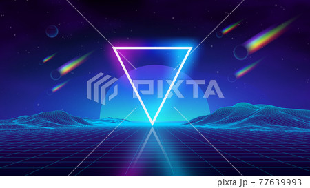Synth wave retro city landscape background sunset 3d landscape with rainbow comets. Futuristic landscape 1980s style. Neon triangle synthwave digital wireframe landscape . Retro fashion Sci-Fi 77639993