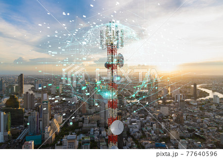 Telecommunication tower with 5G cellular network antenna on city background, Global connection and internet network concept 77640596