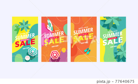Editable summer sale banner story template collection pack with green tropical palm leaves 77640675