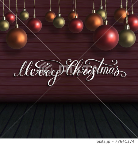 Merry Christmas lettering with red,orange,gold christmas balls on wooden wall. New Year composition . Vector illustration Merry Christmas lettering with red,orange,gold christmas balls on wooden wall. New Year composition . Vector illustration 77641274