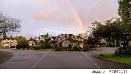 Street and Homes View at a Quite Residential Neighborhood in Suburban Area Street and Homes View at a Quite Residential Neighborhood in Suburban Area 77642115