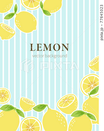 爽やかなブルーのストライプの背景に手書きのレモンを配置した背景素材のイラスト素材