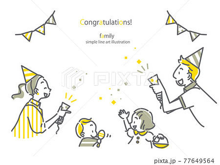 パーティではしゃぐ家族のシンプルでおしゃれな線画フレームのイラスト素材