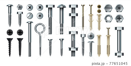 Bolt and screw. Realistic metal fasteners with nuts. 3D hardware assortment. Top and side view of different steel nail types. Tools for building and repairs. Vector self-tapping set Bolt and screw. Realistic metal fasteners with nuts. 3D hardware assortment. Top and side view of different steel nail types. Tools for building and repairs. Vector self-tapping set 77651045