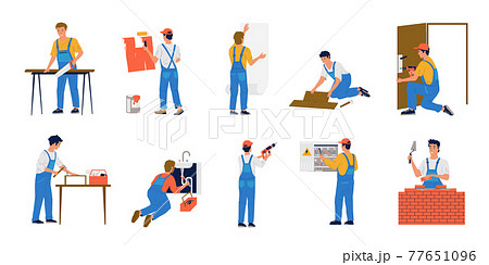 Home repair workers. House maintenance. Construction brigade make renovation. Painter glues wallpaper and workman builds brick wall. Plumber works with sewerage. Vector repairmen set 77651096