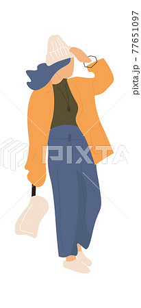 Woman walking. Cartoon female goes outdoor. Isolated character in trendy casual clothes carries handbag. Cute girl wears jeans and jacket with knitted hat. Vector fashionable outfit Woman walking. Cartoon female goes outdoor. Isolated character in trendy casual clothes carries handbag. Cute girl wears jeans and jacket with knitted hat. Vector fashionable outfit 77651097