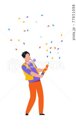 Happy dancing man with party confetti. Cartoon man blowing up cracker with colorful pieces of paper. Male character having fun at holiday. Boy celebrating birthday. Vector festive event Happy dancing man with party confetti. Cartoon man blowing up cracker with colorful pieces of paper. Male character having fun at holiday. Boy celebrating birthday. Vector festive event 77651098