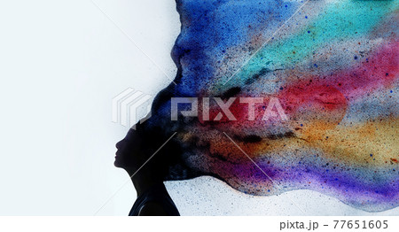 Mental Health, Imagination and Creativity Concept. Silhouette photo of Woman combined with Colorful Watercolor. Positive Mind, Freedom, Enjoying and Life Philosophy Mental Health, Imagination and Creativity Concept. Silhouette photo of Woman combined with Colorful Watercolor. Positive Mind, Freedom, Enjoying and Life Philosophy 77651605
