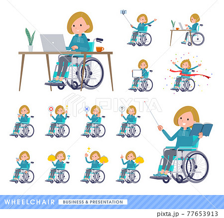 車椅子に乗るパーカーを着た女性のセットのイラスト素材