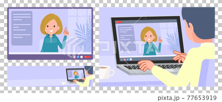 A set of women in a hoodie having a video chat A set of women in a hoodie having a video chat 77653919