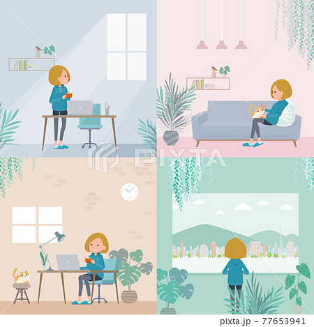 部屋でくつろぐパーカーを着た女性のセットのイラスト素材