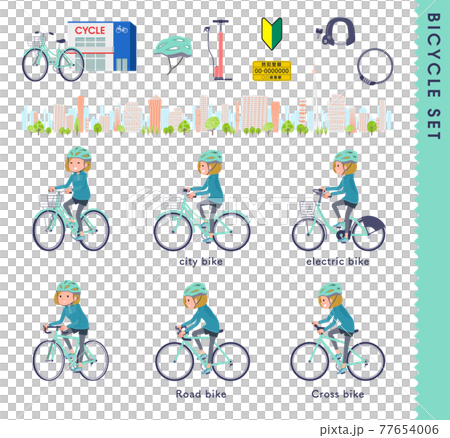 色々な自転車に乗るパーカーを着た女性のセット 77654006