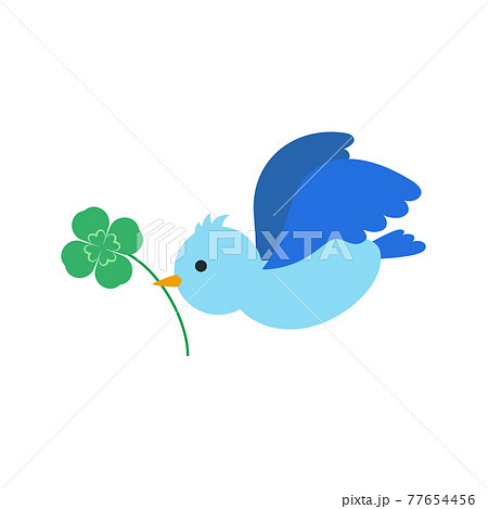 四葉のクローバーを運ぶ幸せの青い鳥のイラストのイラスト素材