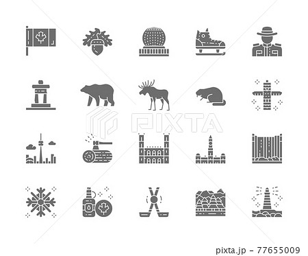 Set of Canadian Culture Grey Icons. Sports Equipment, Police, Bear, Elk and more 77655009
