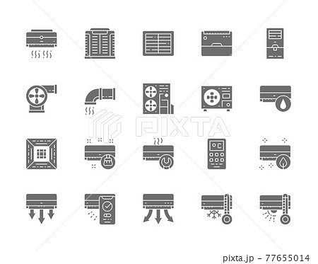 Set of Air Conditioning Grey Icons. Remote Control, Cooler, Humidifier and more. Set of Air Conditioning Grey Icons. Remote Control, Cooler, Humidifier and more. 77655014