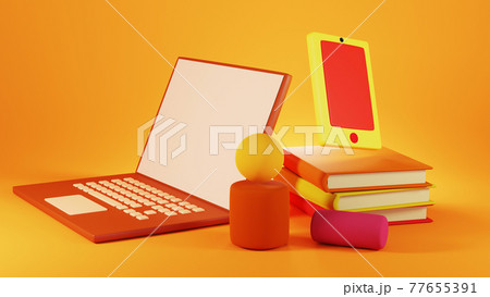 Digital Online Education. 3d of notebook and mobile about learning on phone, computer. social distance concept. Classroom Online internet network. 77655391