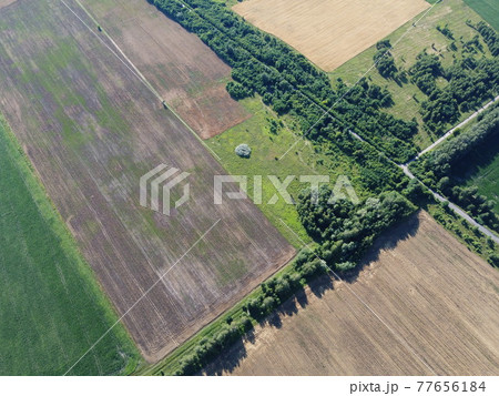 Crossroads of two roads among farm fields, aerial view. Agrarian landscape, bird's-eye view. Crossroads of two roads among farm fields, aerial view. Agrarian landscape, bird's-eye view. 77656184