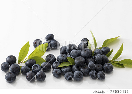 葉を添えた白バックのブルーベリー 77656412