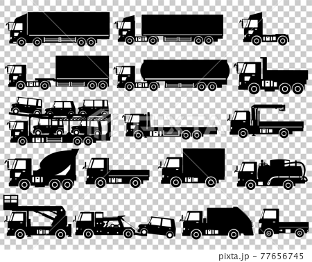 様々なトラック 働く車 白黒シルエットのイラスト素材