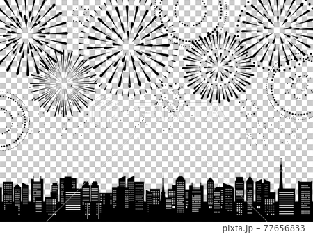 花火のあがる都市風景のイラスト（モノクロのシルエット） 77656833