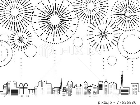花火のあがる都市風景のイラスト モノクロの線画 のイラスト素材