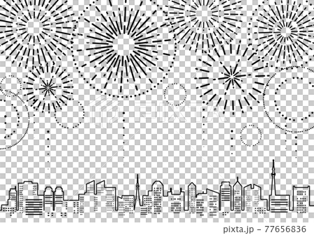 花火のあがる都市風景のイラスト モノクロの線画 のイラスト素材