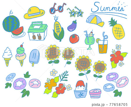 夏のお花や、食べ物などの詰め合わせイラストです。 77658705