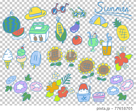 It is an assorted illustration of summer flowers and food. 77658705