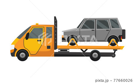 Tow truck. Flat faulty car loaded on a tow truck. Vehicle repair service which provides assistance damaged or salvaged cars Tow truck. Flat faulty car loaded on a tow truck. Vehicle repair service which provides assistance damaged or salvaged cars 77660026