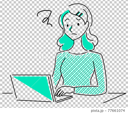Simple line art illustration of a woman who does not operate the computer well Simple line art illustration of a woman who does not operate the computer well 77661074