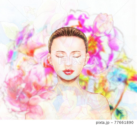 目を閉じた美しい女性と鮮やかなピンク色の花の背景の写実的なイラストのイラスト素材