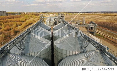 Aerial view of grain storage elevators. Grain storage. Grain storage elevator in the USA. 77662544