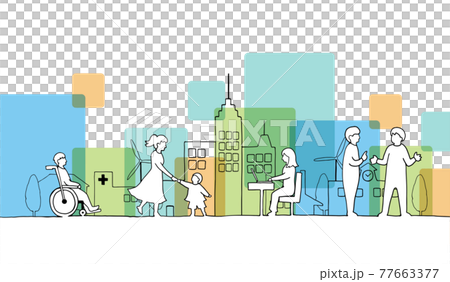 街並みと人々の線画イラスト　色付き 77663377