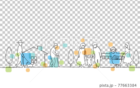 町並みと人々の線画イラスト　色付き 77663384