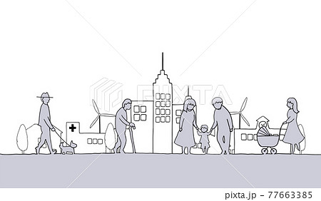 町並みと人々の線画イラスト 77663385