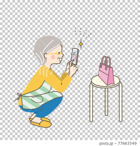 フリマアプリで売る商品をスマホで撮影するシニア女性のイラスト素材