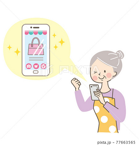 スマートフォンでオンラインショッピングをする年配の女性 スマートフォンでオンラインショッピングをする年配の女性 77663565