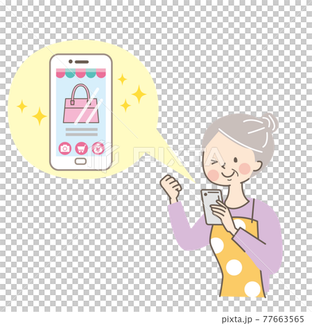 スマートフォンでオンラインショッピングをする年配の女性 スマートフォンでオンラインショッピングをする年配の女性 77663565