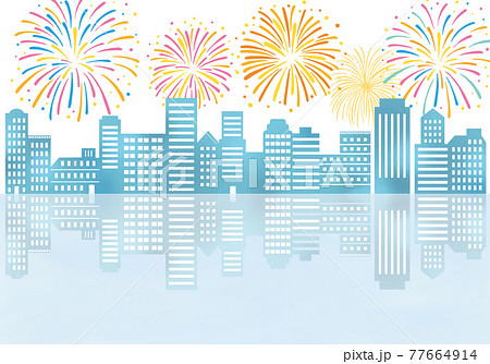 水面に映る水彩風の街並みと花火イラストのイラスト素材