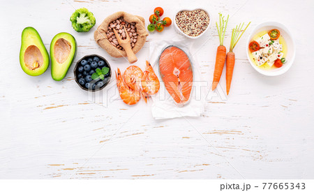 Ketogenic low carbs diet concept. Ingredients for healthy foods selection set up on white concrete background. 77665343