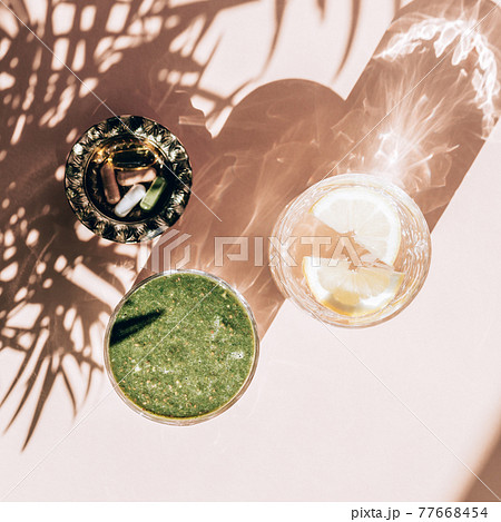 Green Smoothie, Lemon Water and Vitamins 77668454