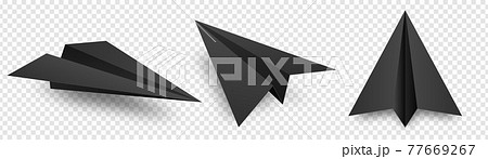 Realistic black handmade paper planes isolated on transparent background. Origami aircraft in flat 77669267