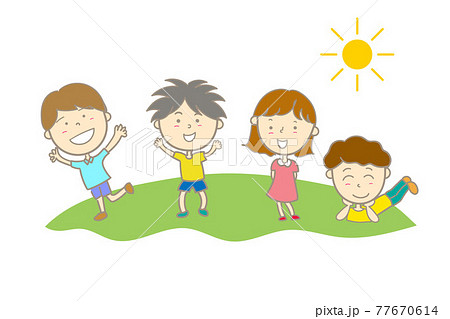 芝生で遊ぶ元気な子供たちのイラスト素材