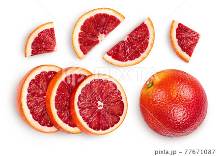 Blood red oranges isolated on white background with clipping path. Top view. Flat lay 77671087