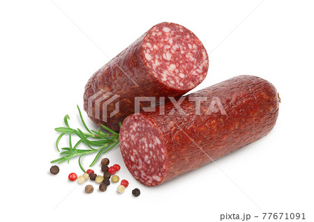 Smoked sausage salami isolated on white background with clipping path and full depth of field Smoked sausage salami isolated on white background with clipping path and full depth of field 77671091
