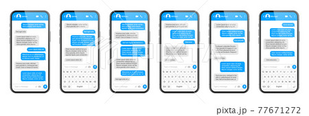 Realistic smartphone with messaging app. SMS text frame. Messenger chat screen with blue message Realistic smartphone with messaging app. SMS text frame. Messenger chat screen with blue message 77671272