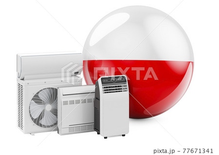 Polish flag with cooling and climate electric devices. Manufacturing, trading and service of air conditioners in Poland, 3D rendering 77671341