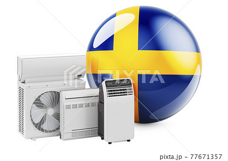 Swedish flag with cooling and climate electric devices. Manufacturing, trading and service of air conditioners in Sweden, 3D rendering 77671357